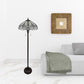 62" Dark Brown Two Light Torchiere Floor Lamp With White Fleur de Lis Glass Dome Shade