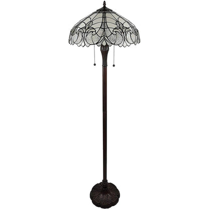62" Dark Brown Two Light Torchiere Floor Lamp With White Fleur de Lis Glass Dome Shade