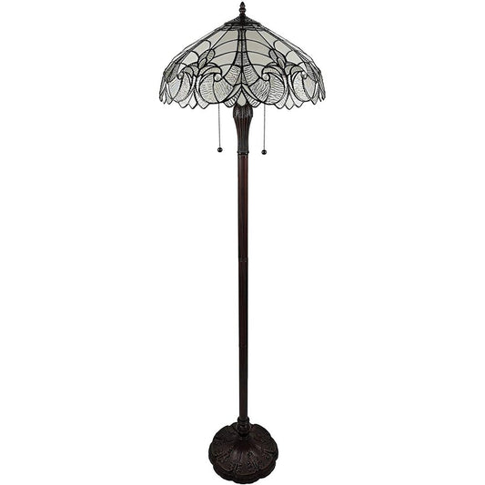 62" Dark Brown Two Light Torchiere Floor Lamp With White Fleur de Lis Glass Dome Shade