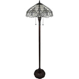 62" Dark Brown Two Light Torchiere Floor Lamp With White Fleur de Lis Glass Dome Shade