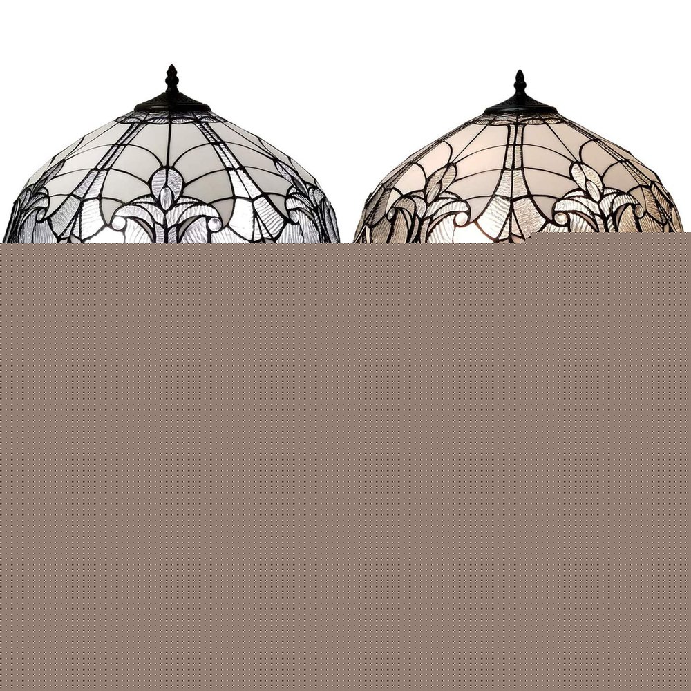 62" Dark Brown Two Light Torchiere Floor Lamp With White Fleur de Lis Glass Dome Shade