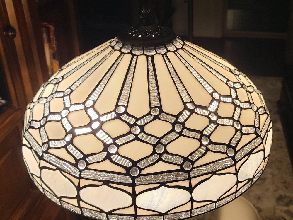 62" Brown And White Two Light Torchiere Floor Lamp With White Geometric Glass Dome Shade