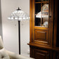 62" Brown And White Two Light Torchiere Floor Lamp With White Geometric Glass Dome Shade