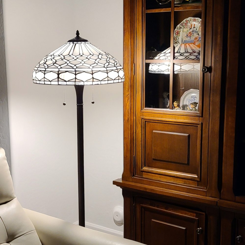 62" Brown And White Two Light Torchiere Floor Lamp With White Geometric Glass Dome Shade