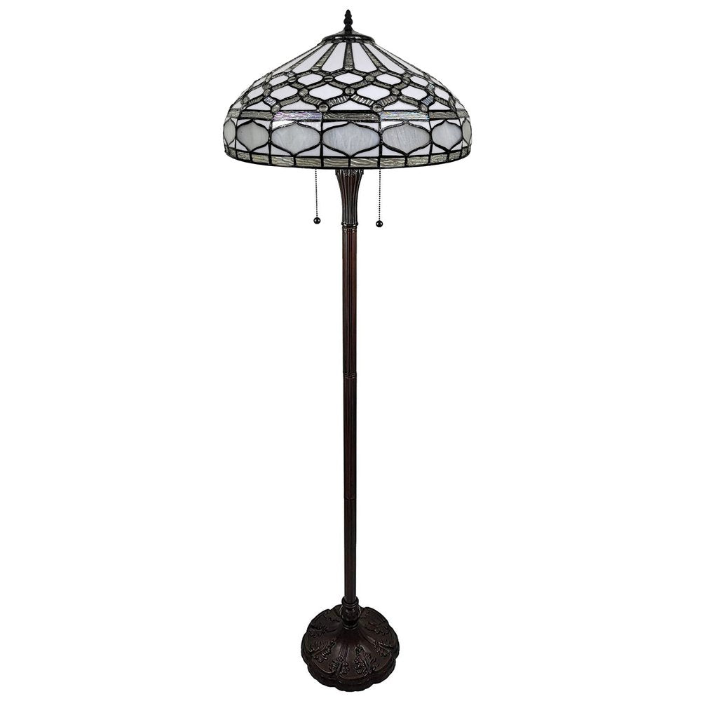62" Brown And White Two Light Torchiere Floor Lamp With White Geometric Glass Dome Shade