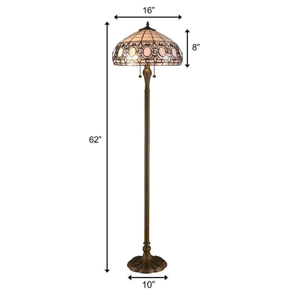 63" Brown Two Light Traditional Shaped Floor Lamp With White Stained Glass Bowl Shade