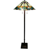62" Espresso Two Light Torchiere Floor Lamp With Blue Flowers Glass Cone Shade