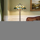 62" Espresso Two Light Torchiere Floor Lamp With Blue Flowers Glass Cone Shade