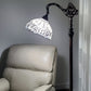 62" Brown Metal Arched Floor Lamp With White Geometric Stained Glass Shade