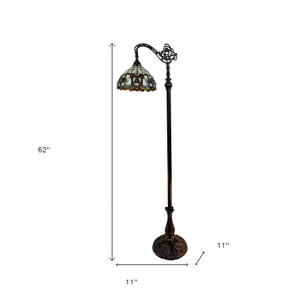 62" Brown Metal Arched Floor Lamp With Amber and Red Flowers Stained Glass Shade