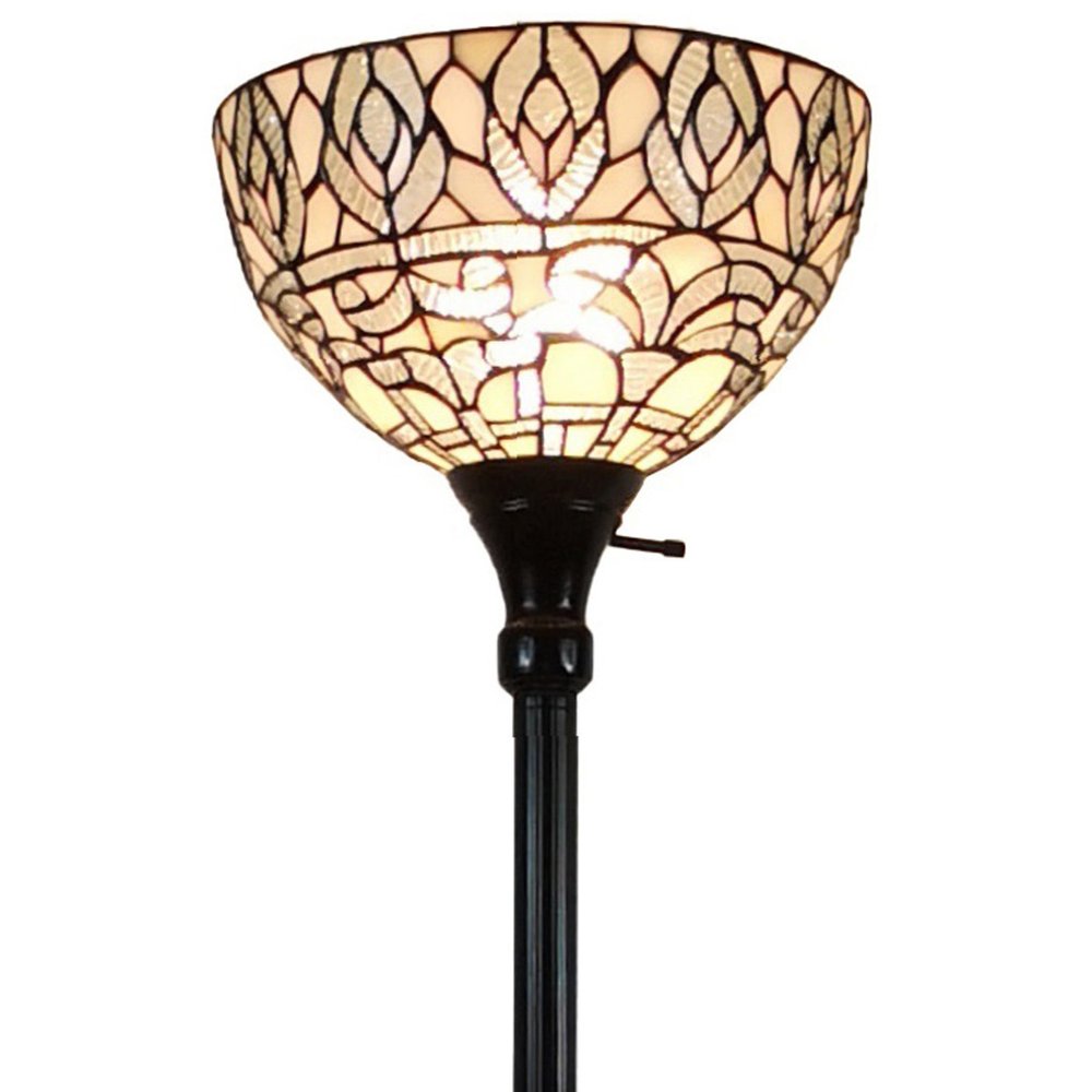 62" Brown And White Torchiere Floor Lamp With White Peacock Feather Glass Dome Shade