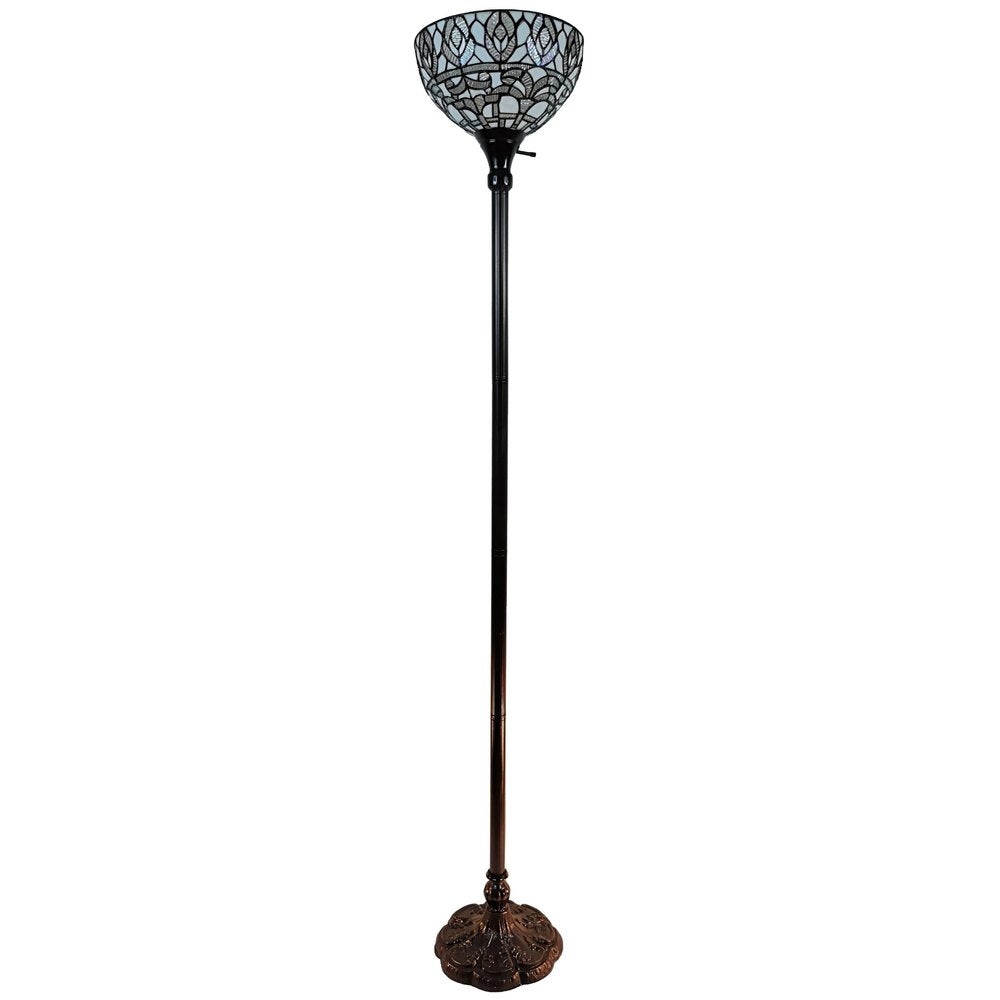 62" Brown And White Torchiere Floor Lamp With White Peacock Feather Glass Dome Shade