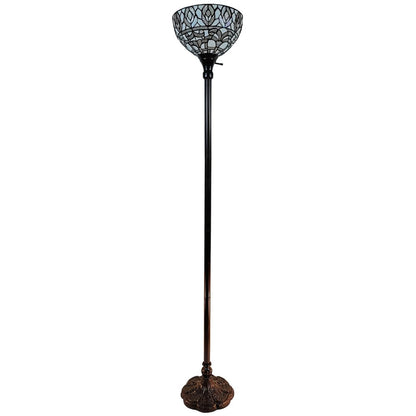 62" Brown And White Torchiere Floor Lamp With White Peacock Feather Glass Dome Shade