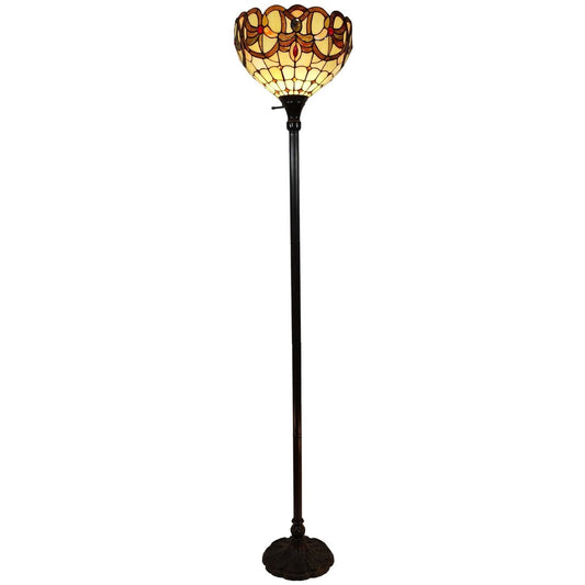 62" Beige Torchiere Floor Lamp With Red And White Flowers Glass Dome Shade