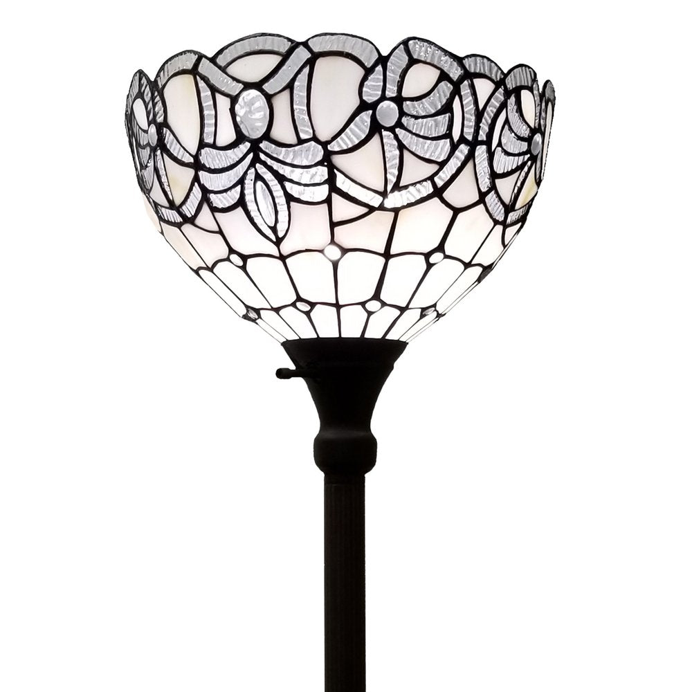 72" Brown And White Torchiere Floor Lamp With White Flowers Glass Dome Shade