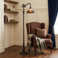 62" Beige Torchiere Floor Lamp With Brown And White Flowers Glass Dome Shade