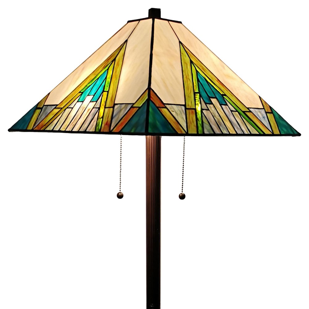 62" Two Light Tiffany Style Floor Lamp With Amber Blue And Green Stained Glass Shade