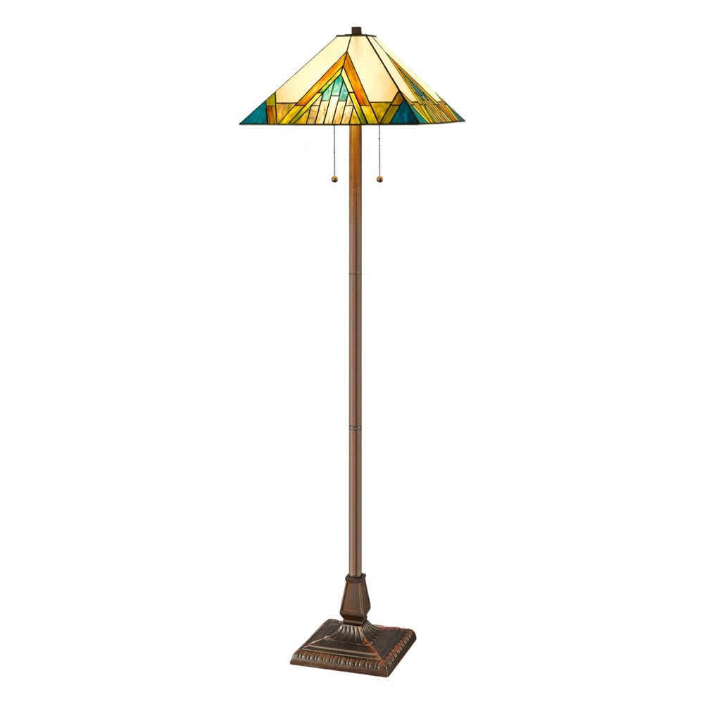 62" Two Light Tiffany Style Floor Lamp With Amber Blue And Green Stained Glass Shade