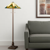 62" Two Light Tiffany Style Floor Lamp With Amber Blue And Green Stained Glass Shade