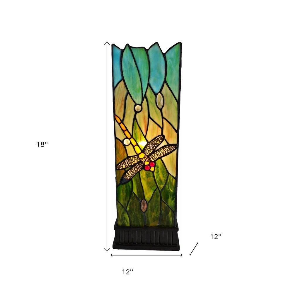 18" Dark Brown Table Lamp With Green and Black Shade