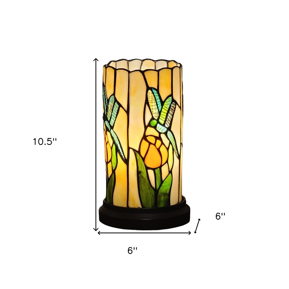 11" Beige and Green Dragonfly Stained Glass Accent Lamp