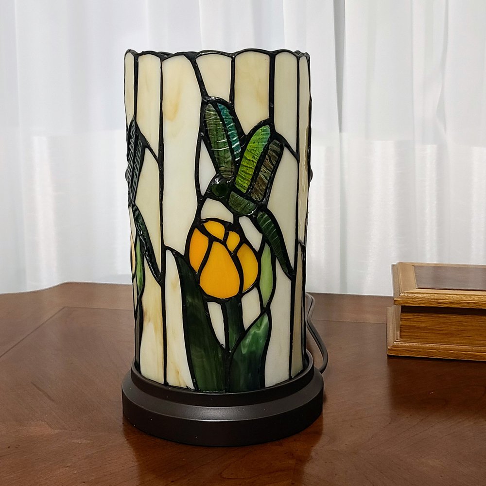 11" Beige and Green Dragonfly Stained Glass Accent Lamp