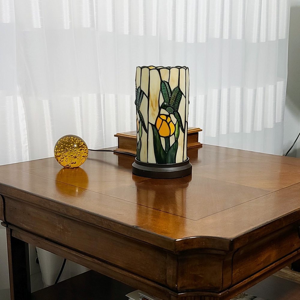 11" Beige and Green Dragonfly Stained Glass Accent Lamp