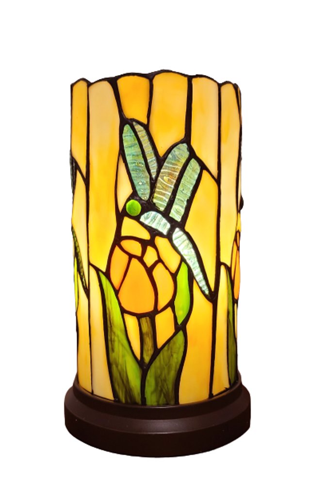 11" Beige and Green Dragonfly Stained Glass Accent Lamp