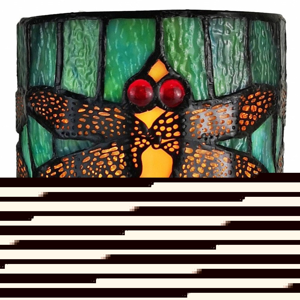 11" Green Brown and Orange Dragonfly Stained Glass Accent Lamp
