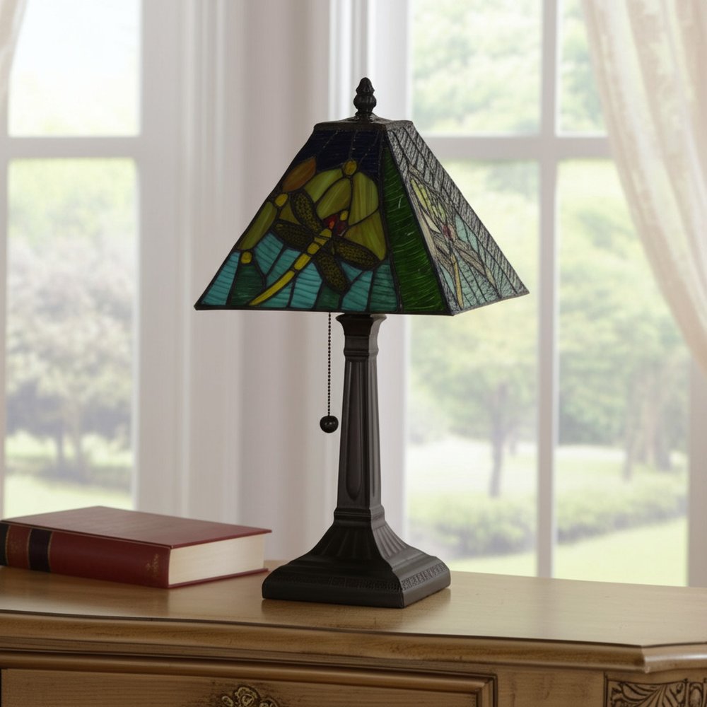 15" Dark Brown Metal Candlestick Table Lamp With Green Empire Shade