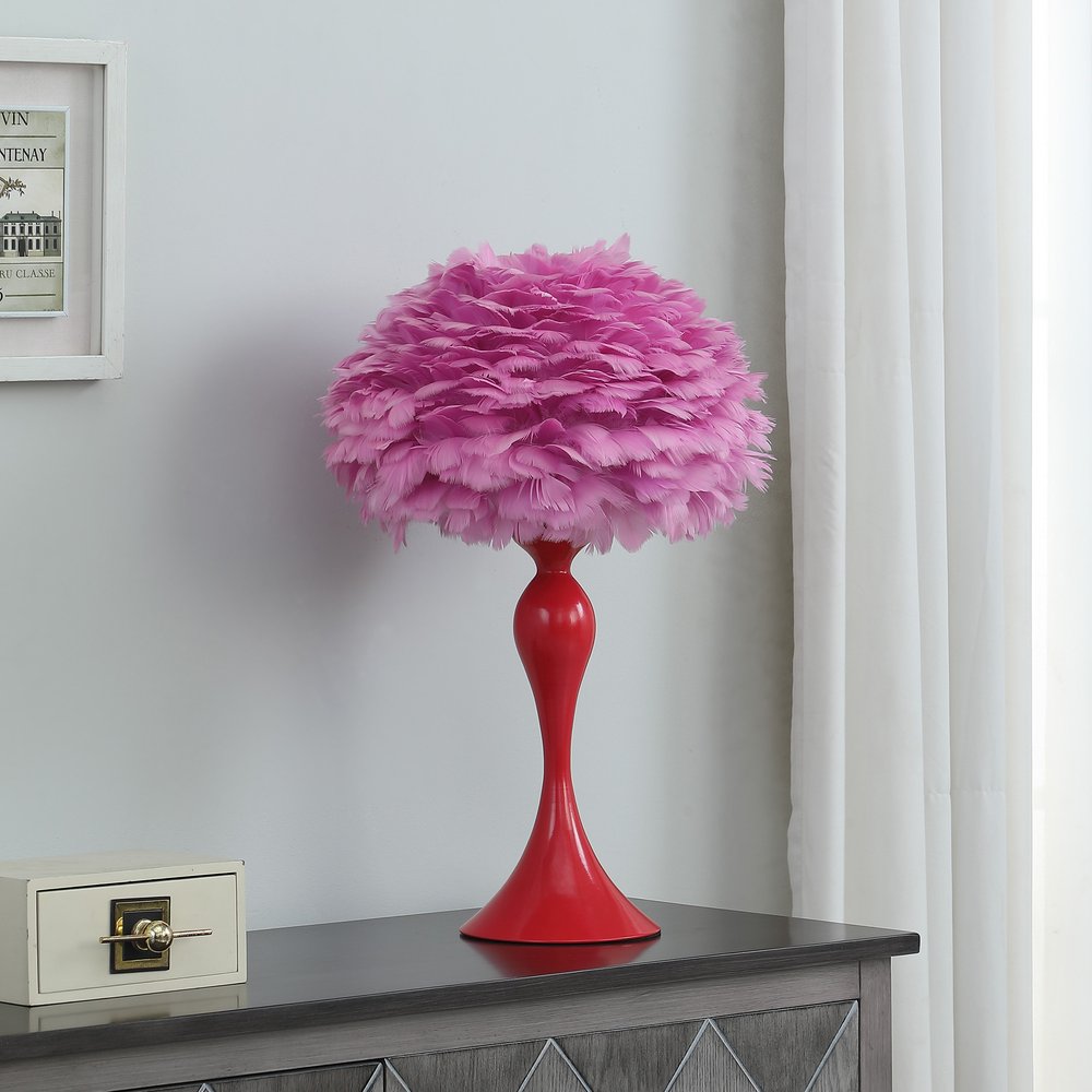24" Glam Pink Faux Feather and White Metal Table Lamp