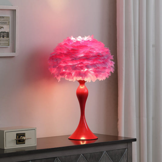 24" Glam Pink Faux Feather and White Metal Table Lamp