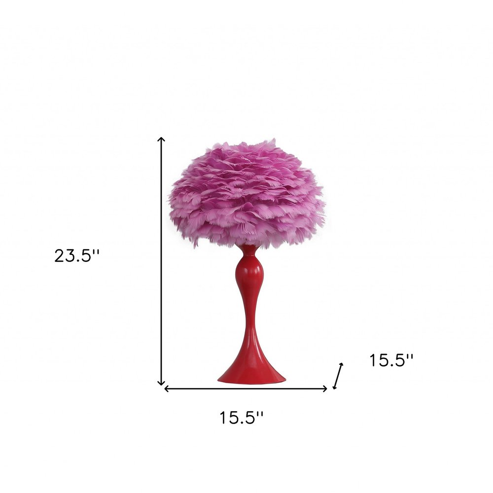 24" Glam Pink Faux Feather and White Metal Table Lamp