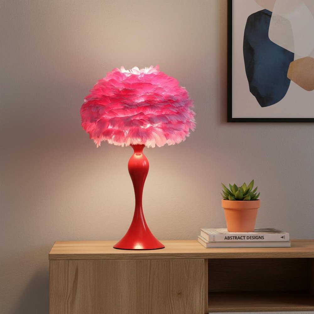 24" Glam Pink Faux Feather and White Metal Table Lamp