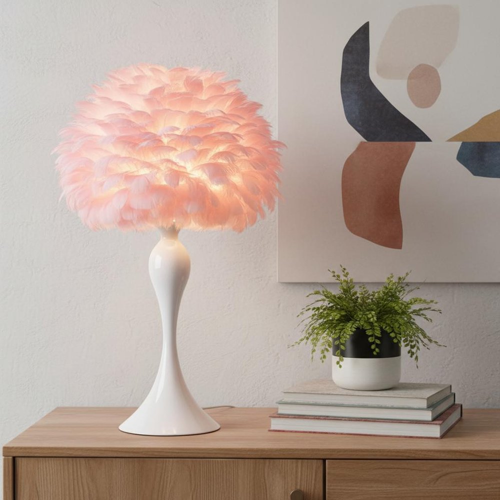24" Glam Hot Pink Feather and Red Table Lamp