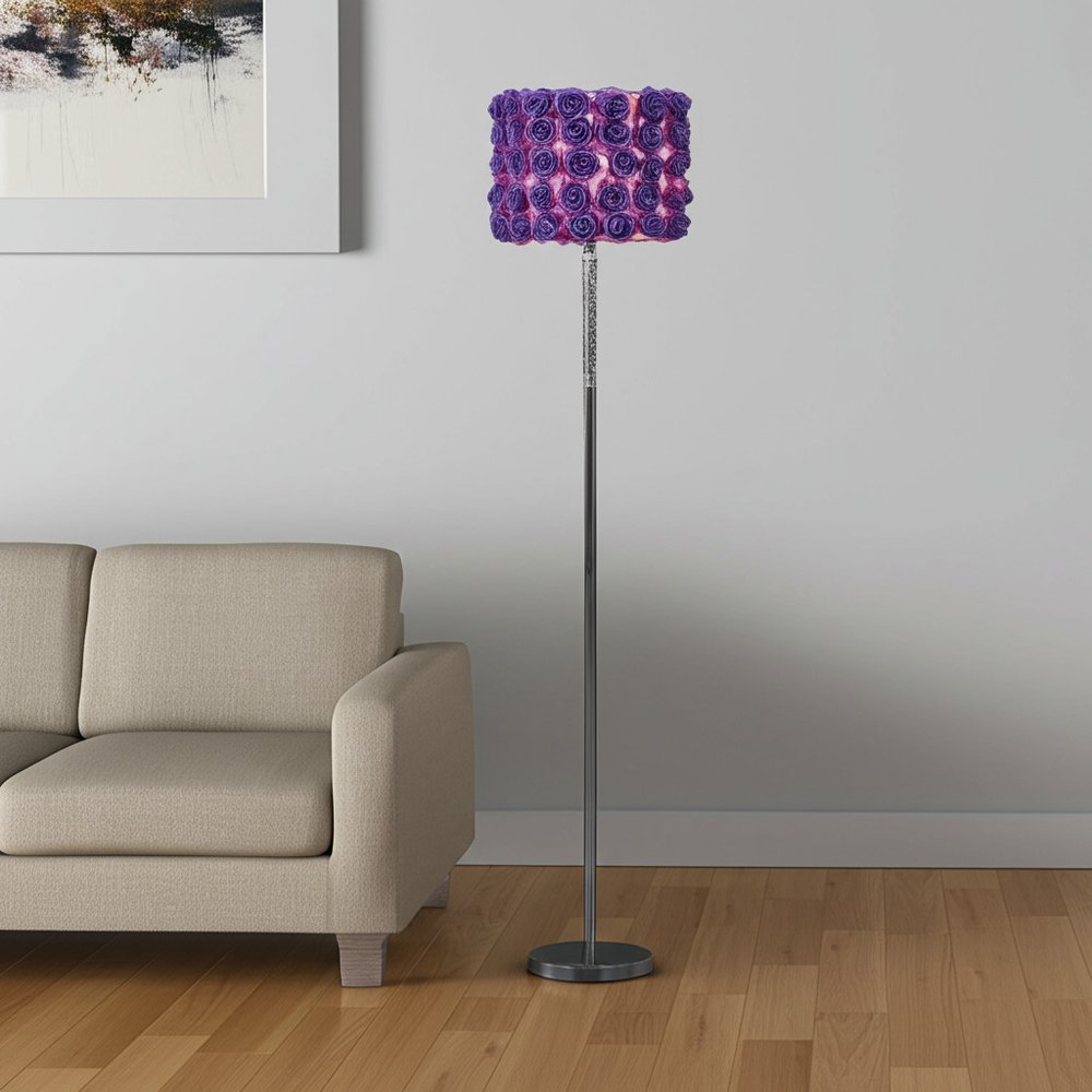 63" Steel and Acrylic Floor Lamp With Yellow Flowers Fabric Drum Shade