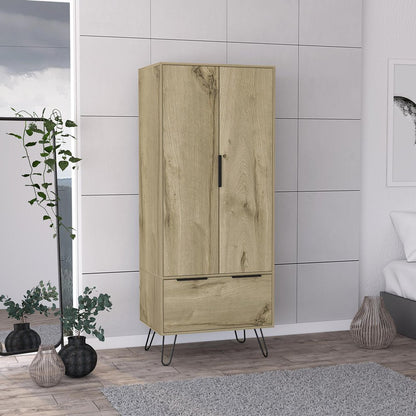 74" Oak Wood Two Door Single Drawer Combo Dresser