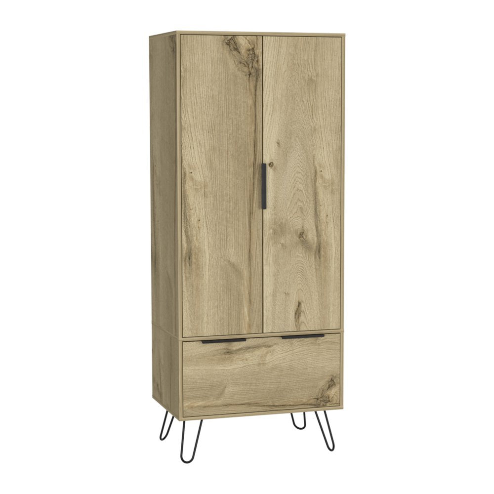 74" Oak Wood Two Door Single Drawer Combo Dresser