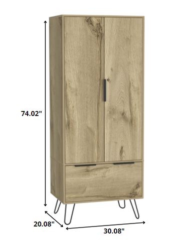 74" Oak Wood Two Door Single Drawer Combo Dresser