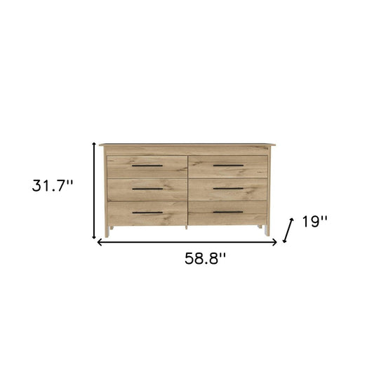 59" Natural And Black Wood Six Drawer Double Dresser