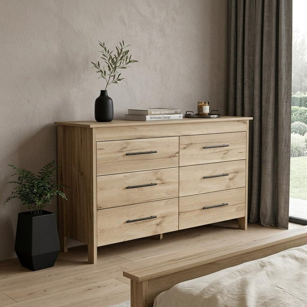 59" Natural And Black Wood Six Drawer Double Dresser