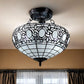 Blue and Black Tiffany Style Two Light Glass Dimmable Semi Flush Ceiling Light