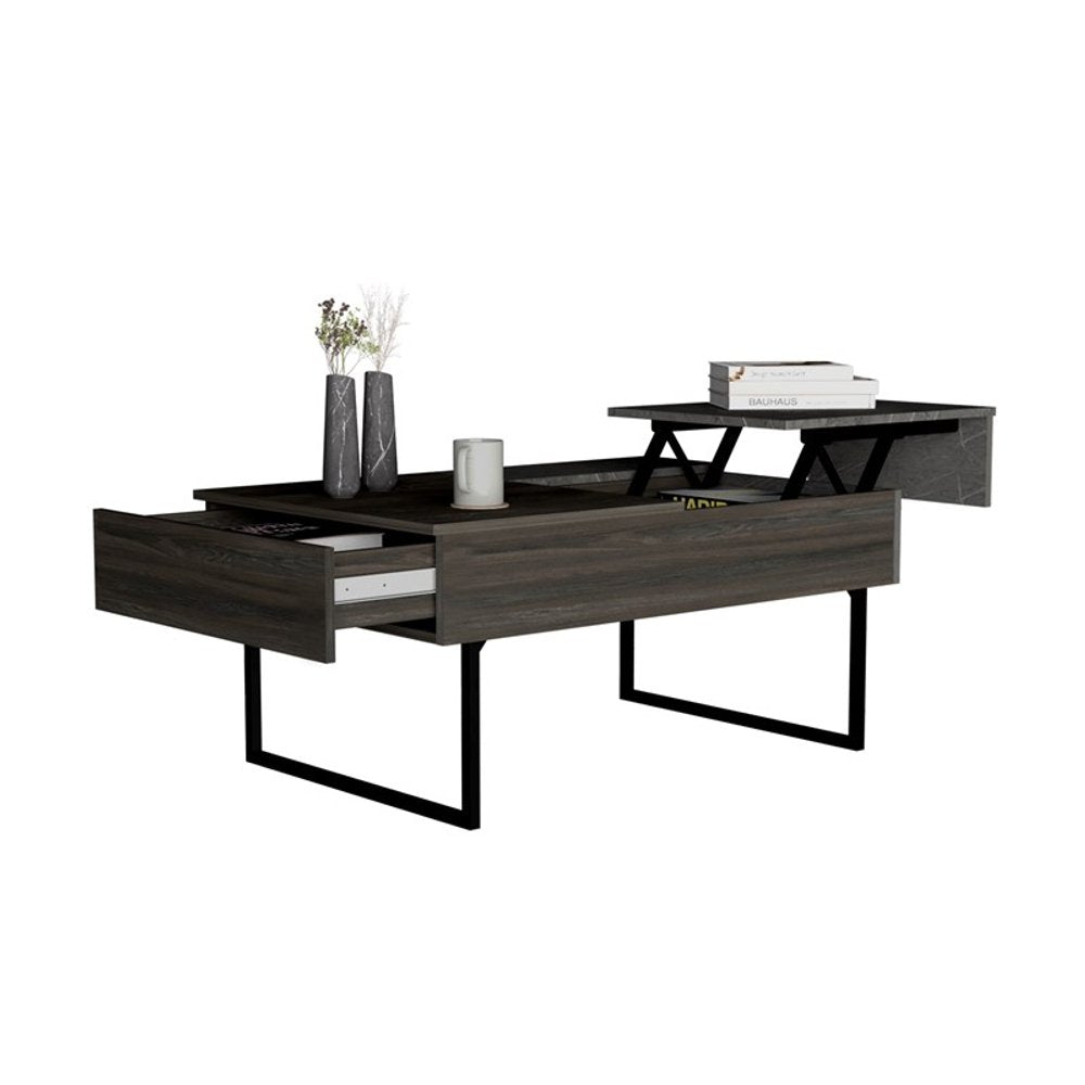 39" Espresso And Black Metal Lift Top Coffee Table With Drawer
