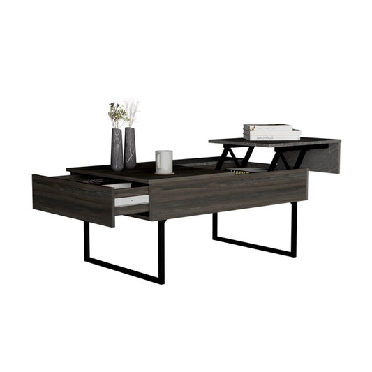 39" Espresso And Black Metal Lift Top Coffee Table With Drawer