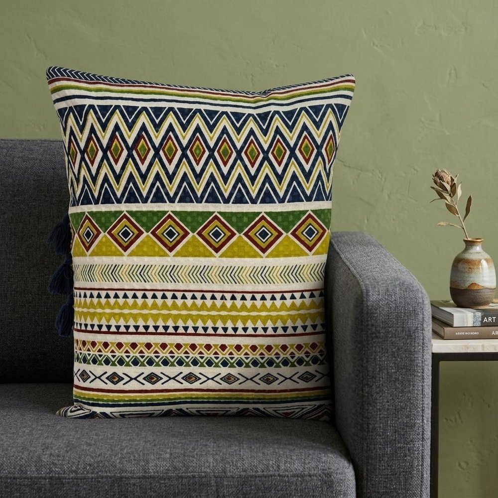 20" Green and Yellow Cotton Throw Pillow With Tassels