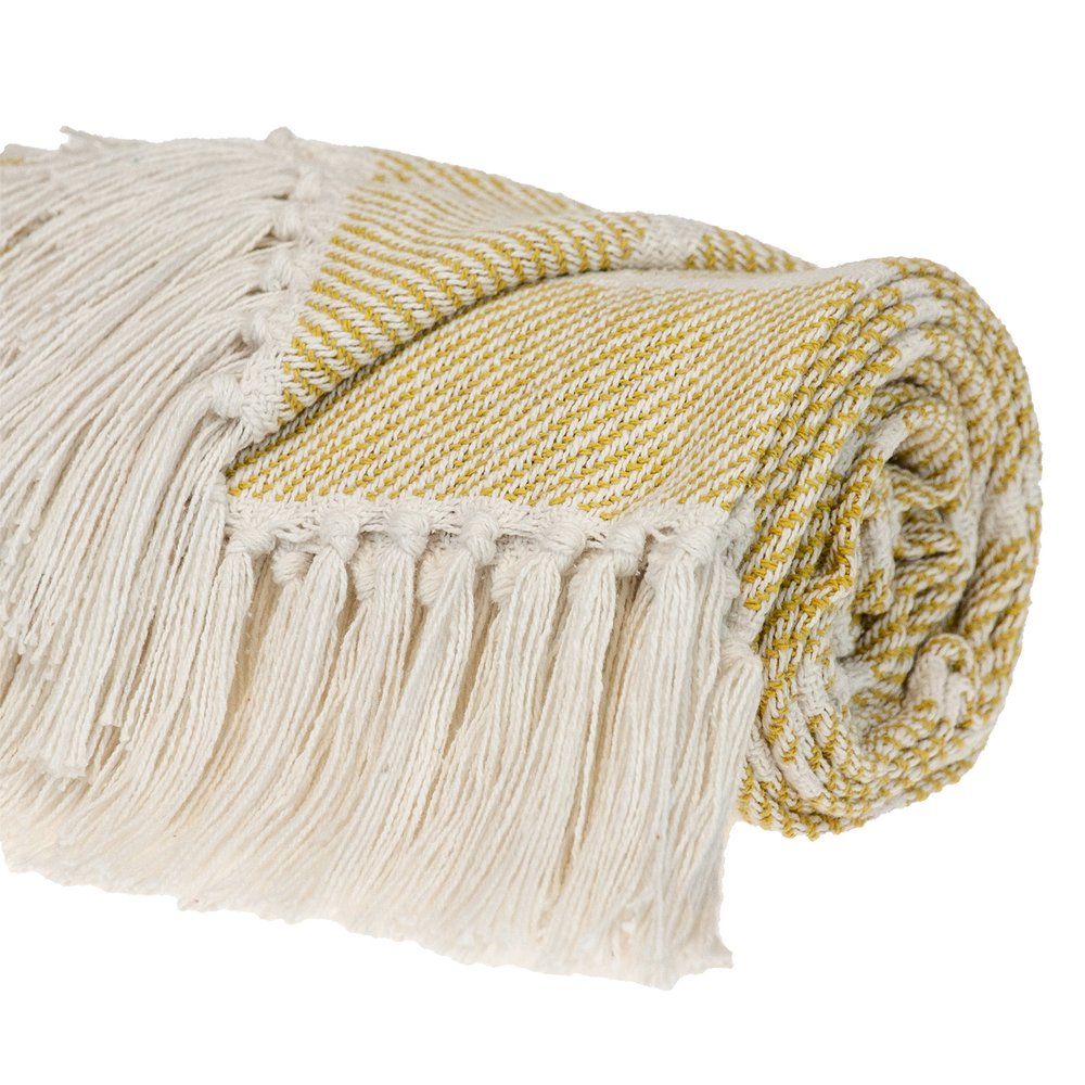 50" X 60" White And Yellow Striped Cotton Woven Throw Blanket