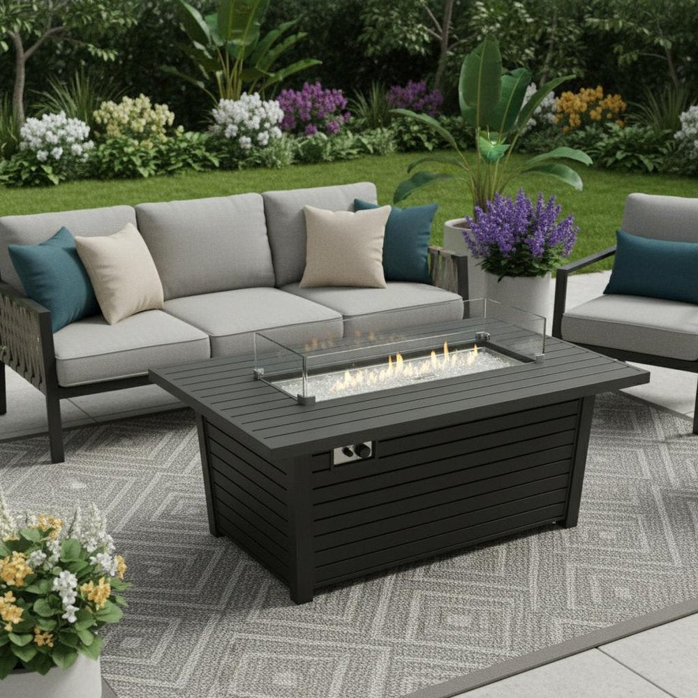 50000 BTU 54" Black And Clear Aluminum Propane Rectangular Fire Pit Table With Cover