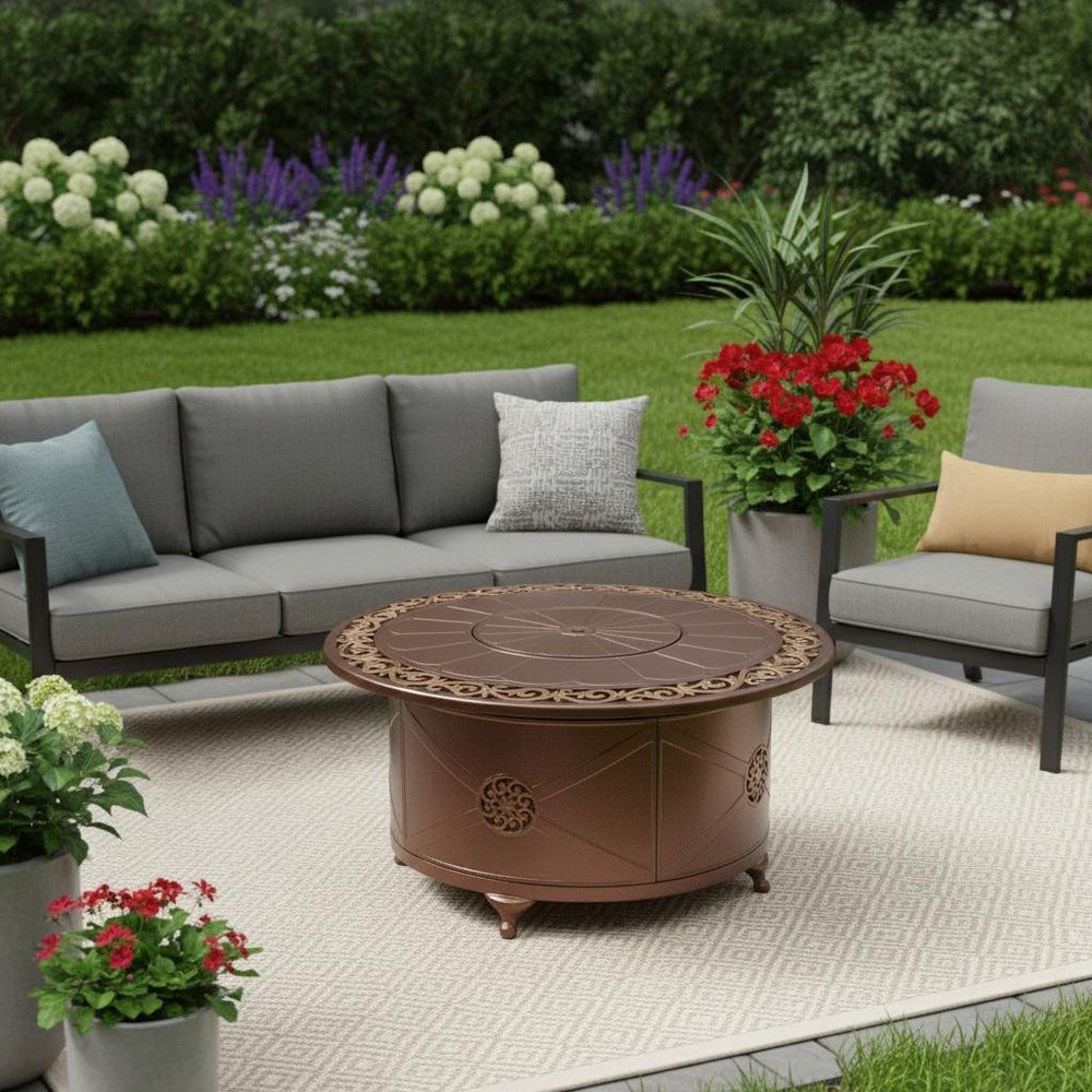 42000 BTU 48" Bronze Aluminum Propane Round Fire Pit Table With Cover
