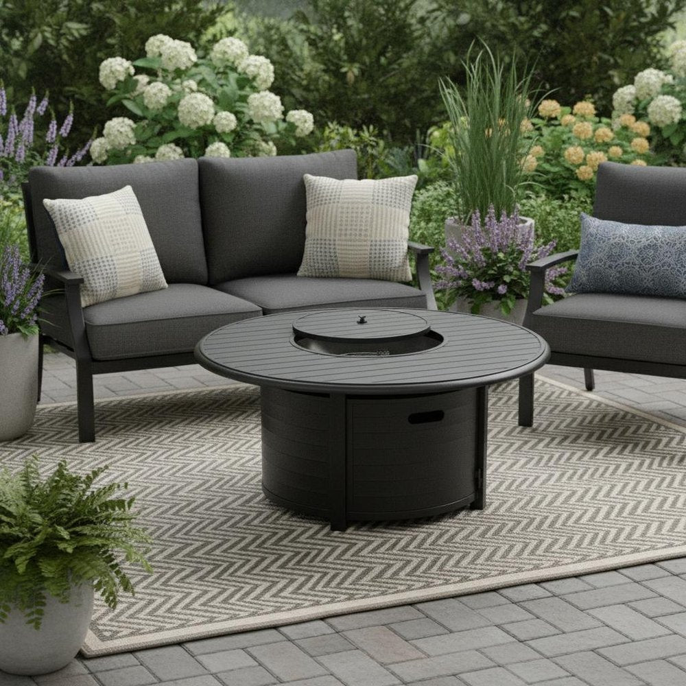 42000 BTU 48" Black Aluminum Propane Round Fire Pit Table With Cover