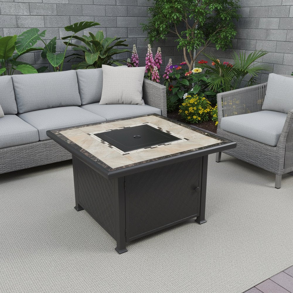 50000 BTU 40" Black And Brown Steel Propane Square Fire Pit Table With Cover